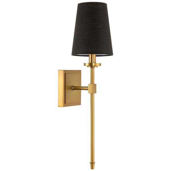 Torche 20 in. 1-Light Modern Warm Brass Wall Sconce with Black Linen Shade