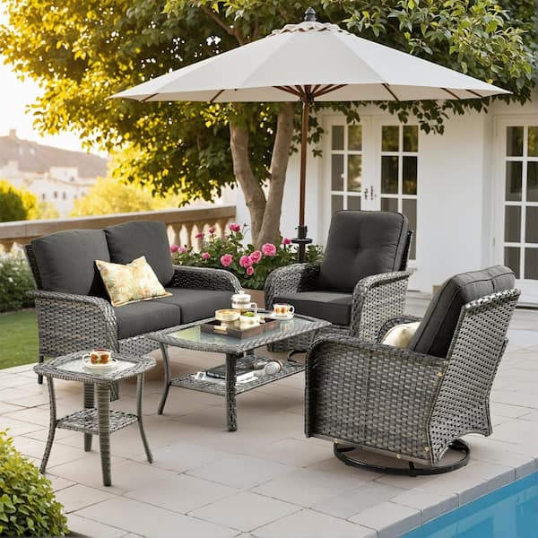 Lily A Gray 5-Piece Wicker Patio Conversation Seating Set with Swivel Rocking Chairs Coffee Table and Black Cushion