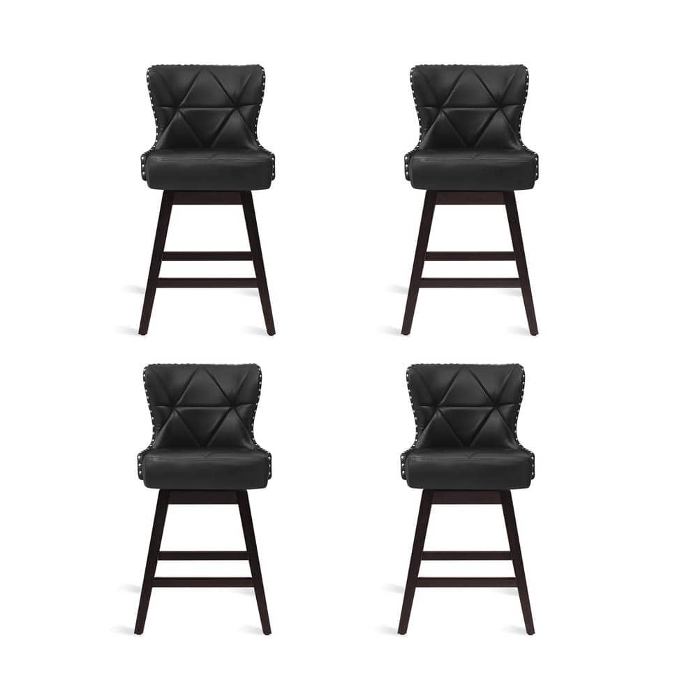 Zola 26" Black Faux Leather Swivel Bar Stools with Wood Frame (Set of 4)