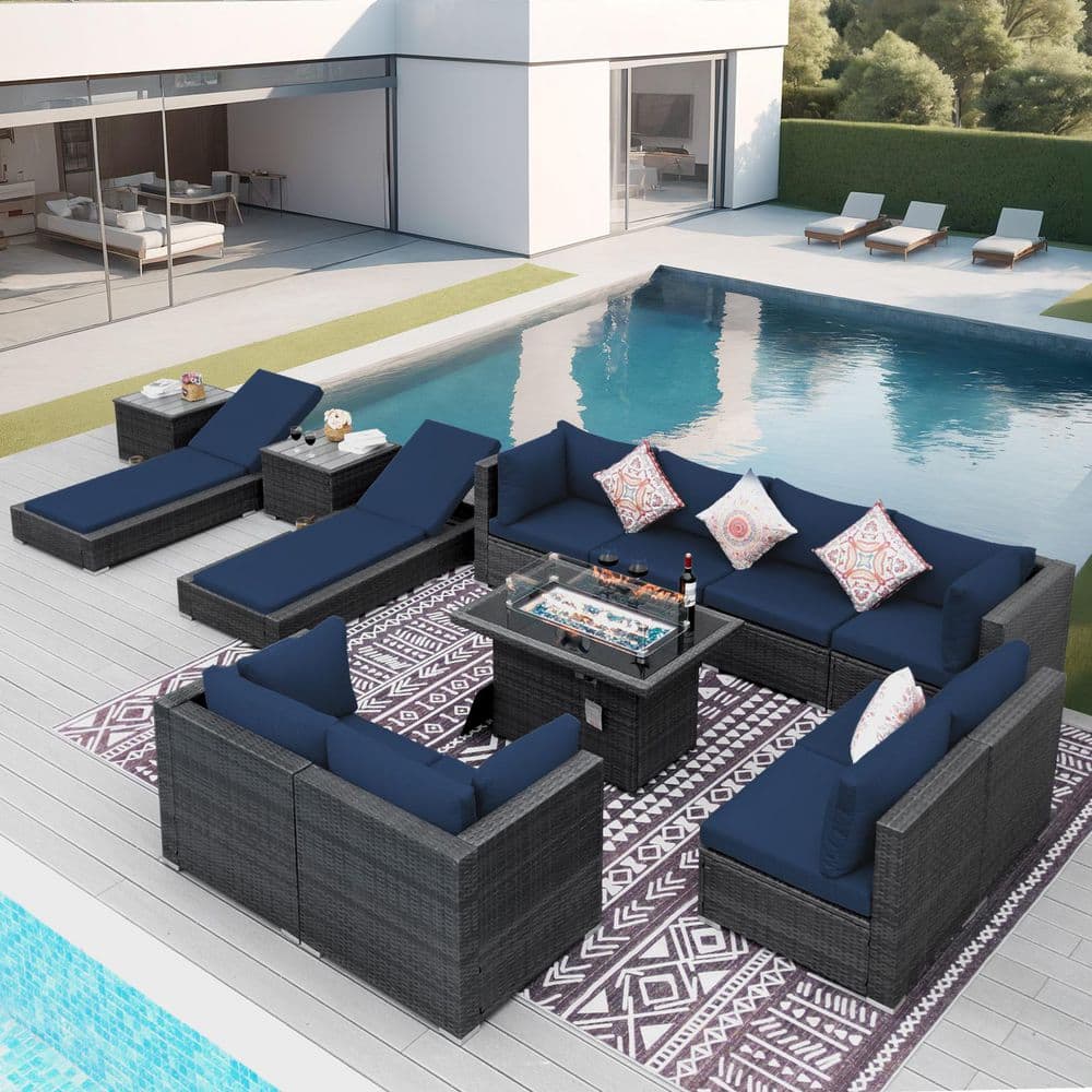 13-Piece Wicker Outdoor Sectional Patio Fire Pit Set Deep Seating Conversation Set with Chaise Lounge, Table, Navy Blue price history on PriceWatchPro