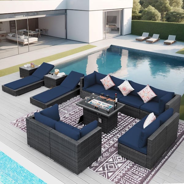 FINCATI 13-Piece Wicker Outdoor Sectional Patio Fire Pit Set Deep Seating Conversation Set with Chaise Lounge, Table, Navy Blue
