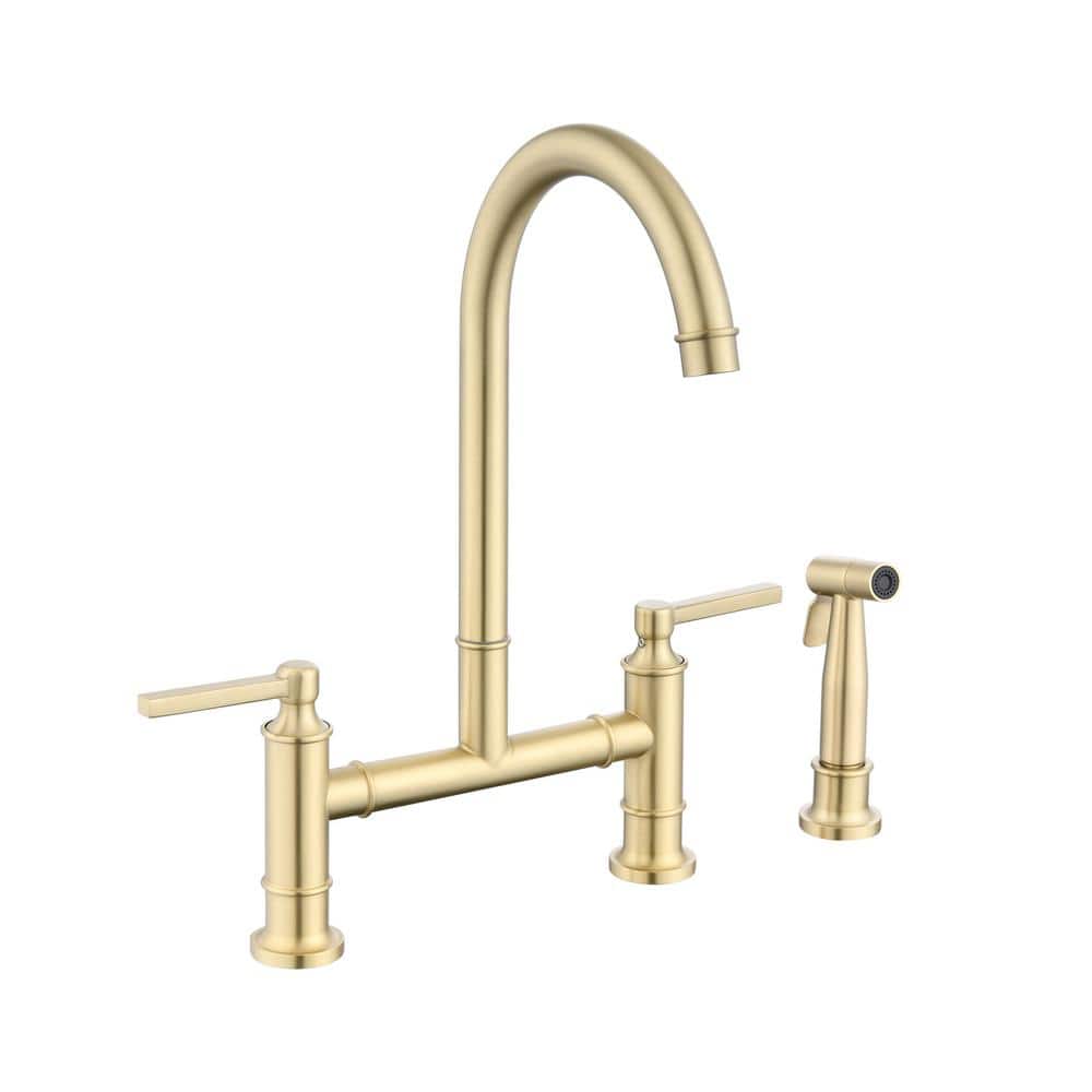 Double Handle Bridge Kitchen Faucet with Side Sprayer in Brushed Gold