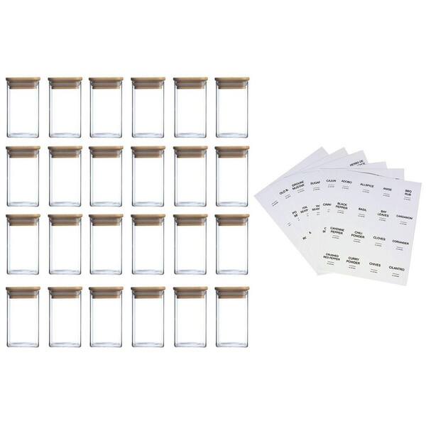 24 Pack 8oz Square High Borosilicate Glass Spice Jars with Bamboo Lids and Labels