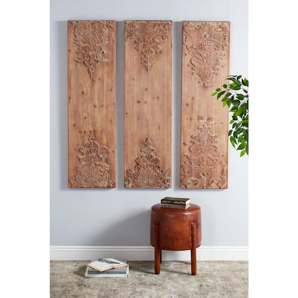 Litton Lane Hand Carved Antique And Acanthus Wood Wall Art Set Of 3 814 The Home Depot