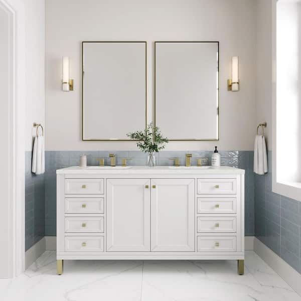James Martin Vanities Chicago 60.0 in. W x 23.5 in. D x 33.76 in. H Double Bath Vanity in Glossy White with Lime Delight Silestone Quartz Top