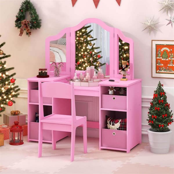 Costway 2 Piece Rectangle MDF Top Pink Kids Vanity Table and Chair Set Princess Pretend Play Makeup Vanity Set HCST01596