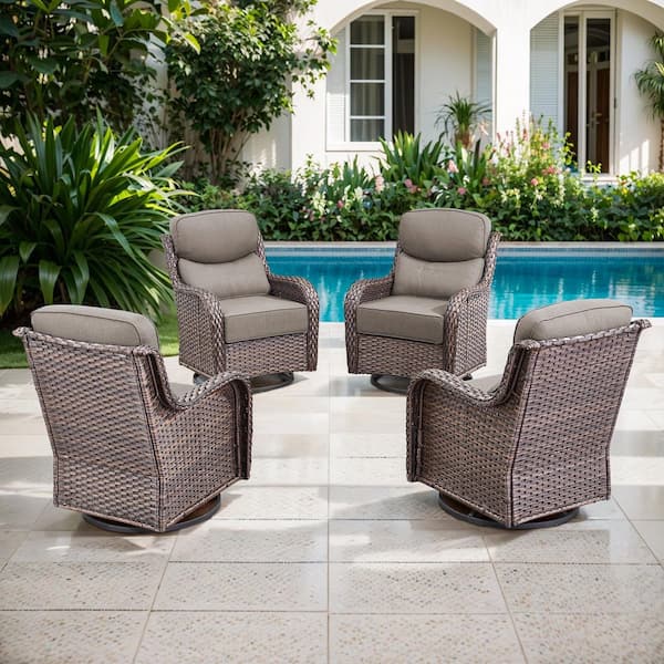 5 in. Thicken Outdoor Swivel Brown Wicker Outdoor Rocking Lounge Chair with CushionGuard Gray Cushions (Set 4-Pack)