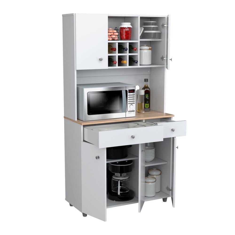 White and Maple Kitchen Pantry with Wine Storage and Metal Handles