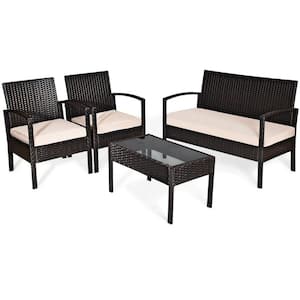 4-Pieces Wicker Rattan Corner Outdoor Patio Sectional Sofa Glass Table Set with Yellowish Cushion