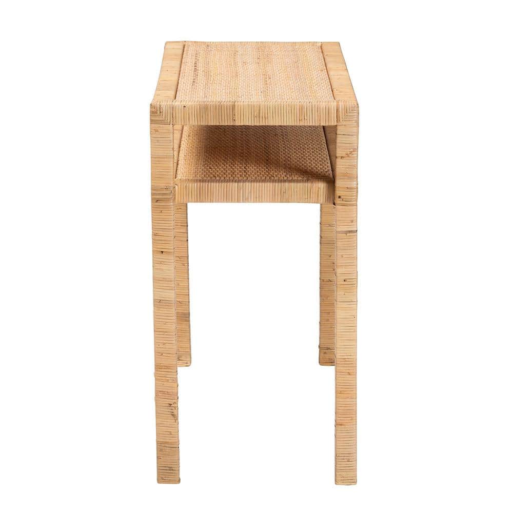 Light Honey Acacia Wood and Rattan Console Table with Storage
