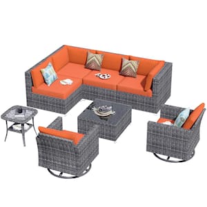 Artemis Gray 8-Piece Wicker Patio Conversation Seating Sofa Set with Orange Red Cushions and Swivel Rocking Chairs