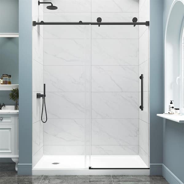 43-48 in. W x 72 in. H Sliding Frameless Shower Door in Matte Black with Clear Tempered Glass