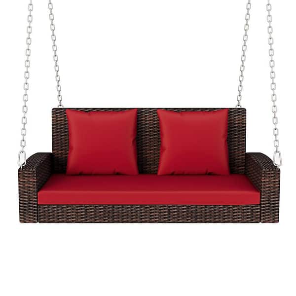 Sudzendf Outdoor 2-Person Brown PE Wicker Hanging Porch Swing with Red Cushions