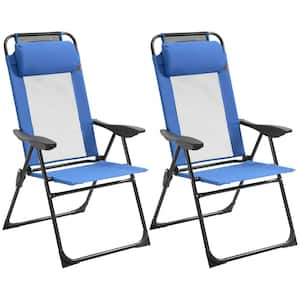 Blue Metal Outdoor Chaise Lounge, Folding Patio Chairs Set of 2, Deck Chair with Adjustable Sling Back, Camping Chair