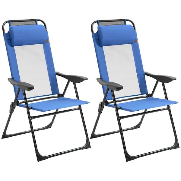 Blue Metal Outdoor Chaise Lounge, Folding Patio Chairs Set of 2, Deck Chair with Adjustable Sling Back, Camping Chair