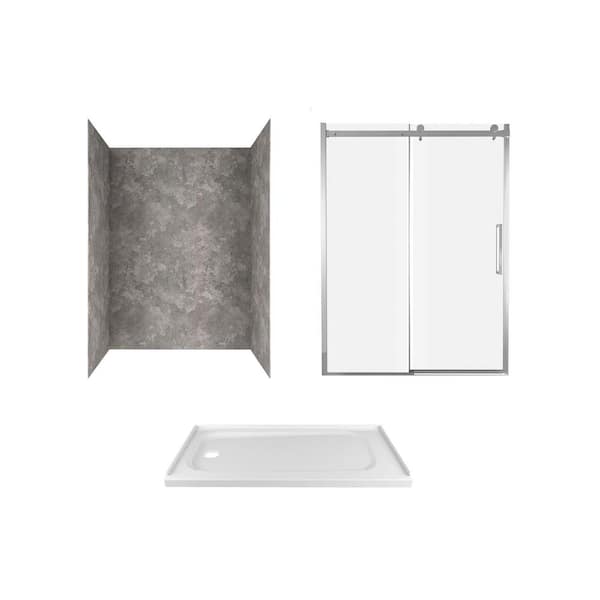 American Standard Passage 60 in. x 72 in. 3-Piece Glue-Up Alcove Shower Wall, Door and Base Kit with Left Drain in Gray Concrete