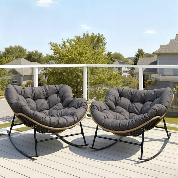 2-Pieces Oversized PE Wicker Outdoor Rocking Chair Papasan Lounge Chair with Gray 5.1 in. Thick Cushion
