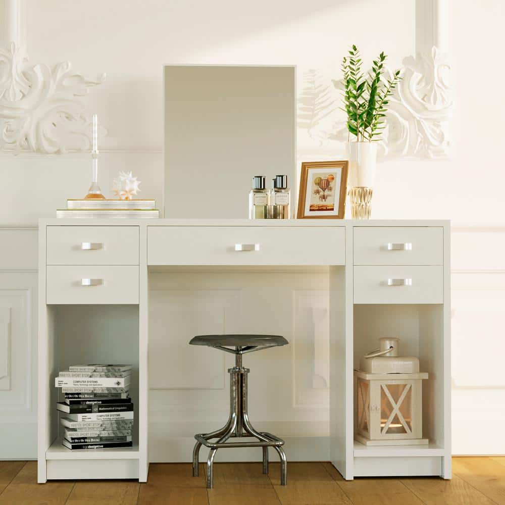 Christina Modern White Vanity Desk with Mirrored Center & Storage