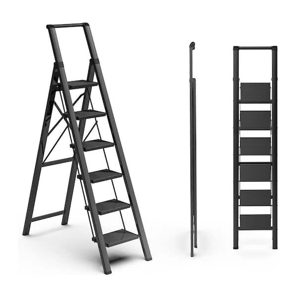6-Step Ladder for 12 ft. Ceiling Folding Step Stool w/ Handgrip Anti-Slip Wide Pedal Portable Lightweight Aluminum Black
