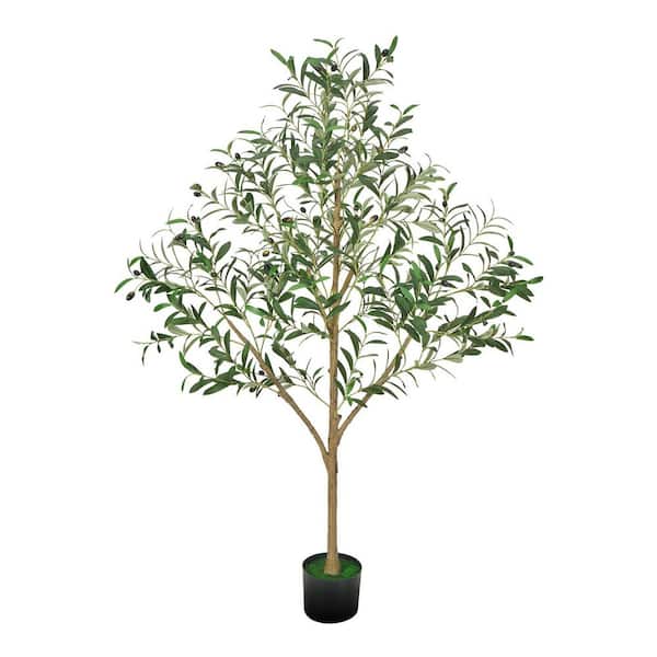 5 ft. Artificial Olive Tree with Black Pot, Tall Fake Tree with Natural Wood Trunk and Realistic Green Leaves and Fruits