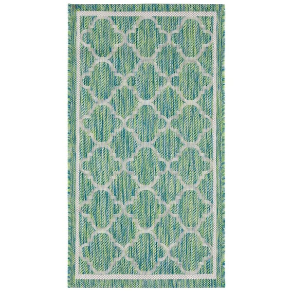 Courtyard Green/Ivory 3 ft. x 5 ft. Border Quatrefoil Indoor/Outdoor Area Rug