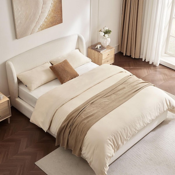 Ronan Beige Solid Rubber Wood Frame Queen Platform Bed with Wingback Headboard & Boucle Fabric Style
