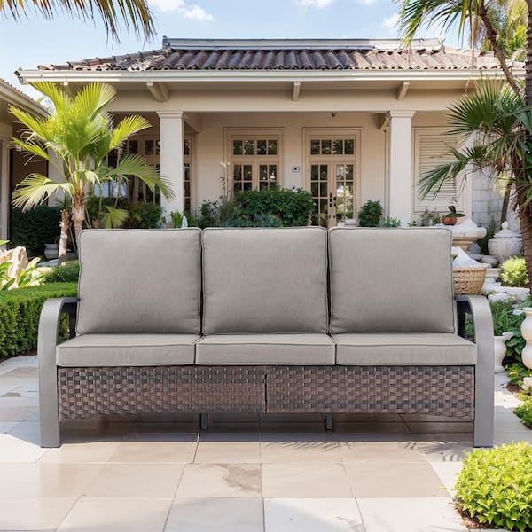 Brown Wicker Outdoor Couch, All Weather Rattan 3-Seat Sofa with Metal Armrest with Gray Cushions for Garden Backyard