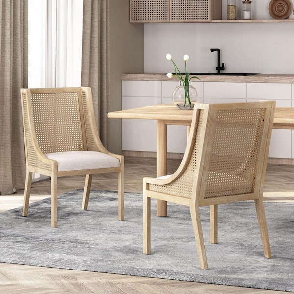 Hamel Beige and Teak Fabric, Cane, and Wood Dining Chair (Set of 2)