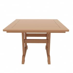 Hayes 43 in. All Weather HDPE Plastic Square Outdoor Dining Trestle Table with Umbrella Hole in Teak