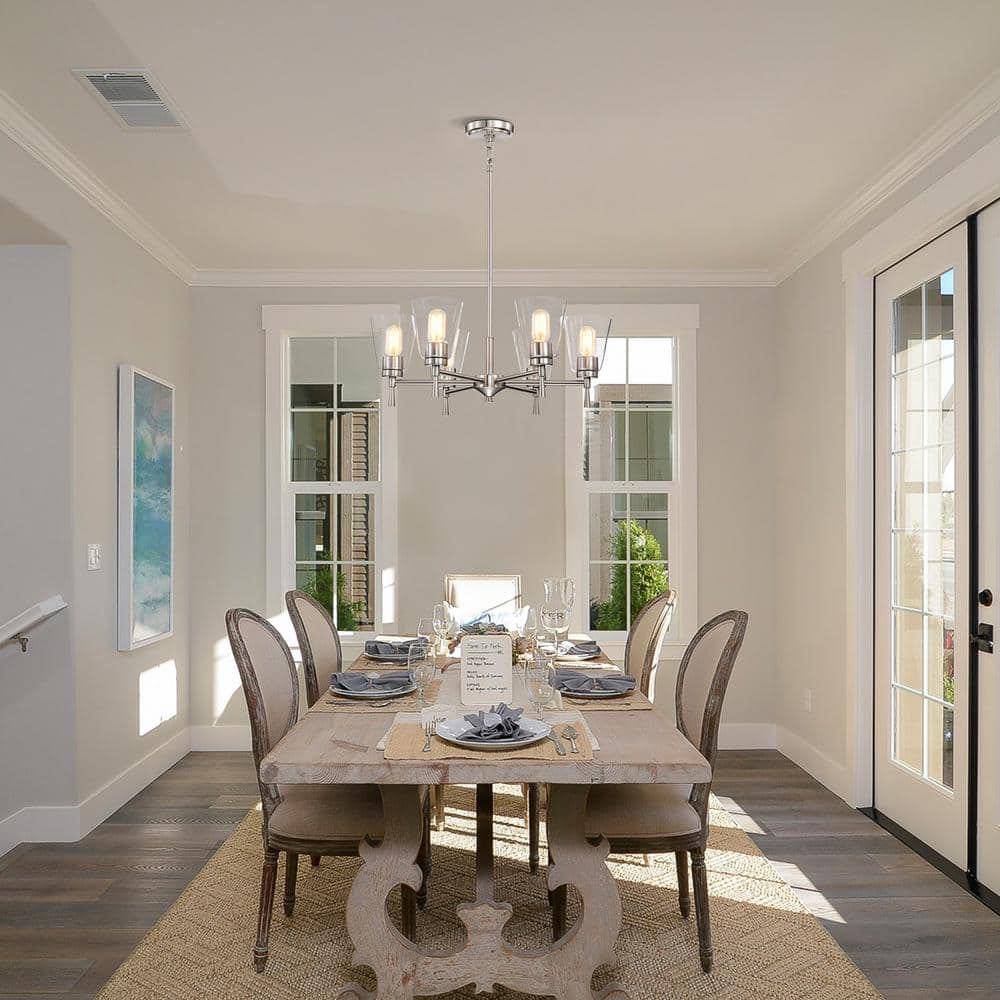 Brushed Nickel 6-Light Modern Chandelier with Clear Cone Glass Shades