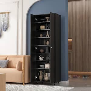 70.9 in. H Black Wood Storage Cabinet Bookcase with adjustable Shelves, doors and Wheels