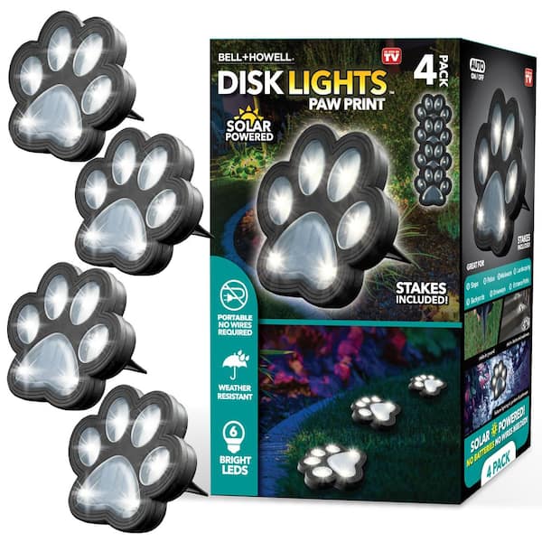 Bell + Howell Paw Print Disk Lights Low Voltage Black Solar Powered LED Weather Resistant Paw Shaped Path Light (4-Pack)