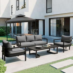 Black 4-Piece Metal and Acacia Wood Table Top Patio Conversation Set with Light Gray Cushions and Pillows