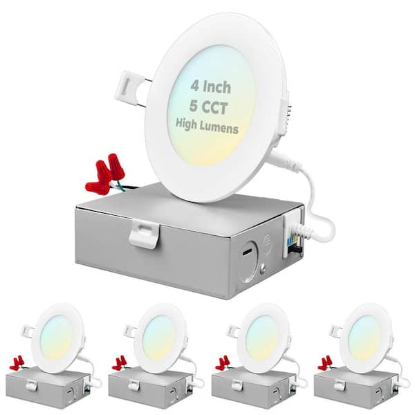 LUXRITE 4 in. Ultra Thin Canless 12-Watt 5 Color Options New Construction Integrated LED Recessed Light Kit J-Box (4-Pack)