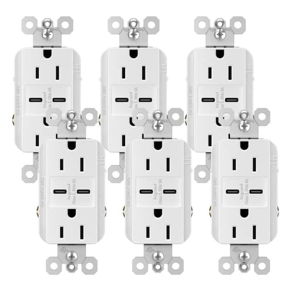 radiant 15 Amp 125-Volt Decorator Duplex Outlet with 6.0 Amp Type C/C USB, White (6 Pack)
