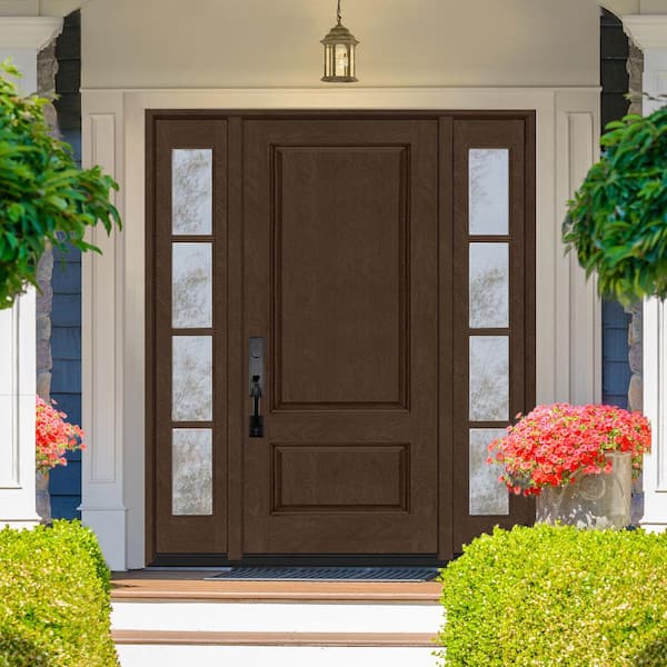Regency 68 in. x 80 in. 2Panel 3/4-Squaretop RHIS Hickory Stain Fiberglass Prehung Front Door with w/4Lite Dbl 14in.SL