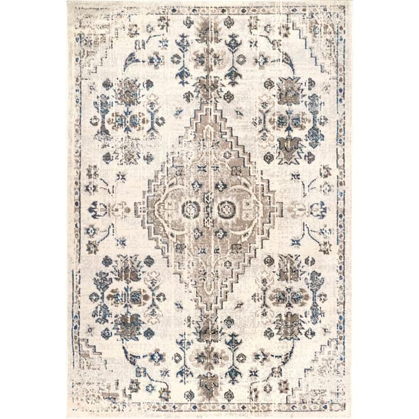 nuLOOM Leahy Bohemian Floral Distressed Gray 9 ft. x 12 ft.  Area Rug