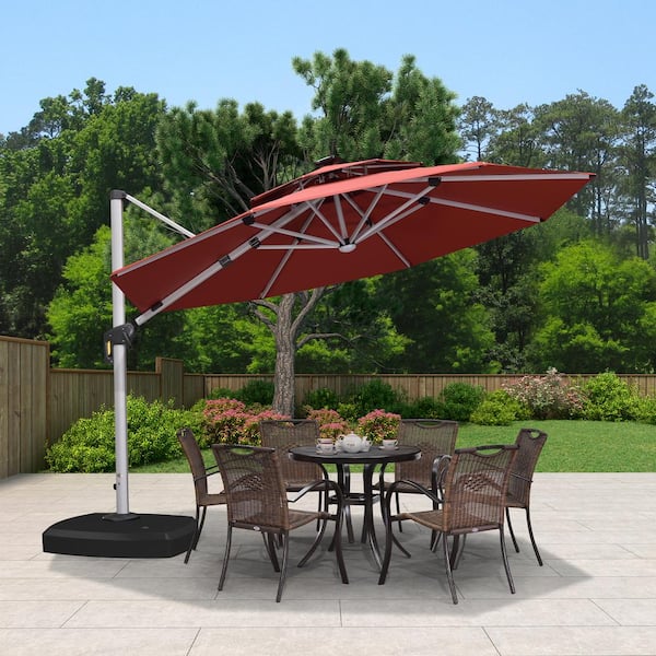 PURPLE LEAF 11 ft. Octagon Aluminum Solar Powered LED Patio Cantilever Offset Umbrella with Wheels Base, Brick Red