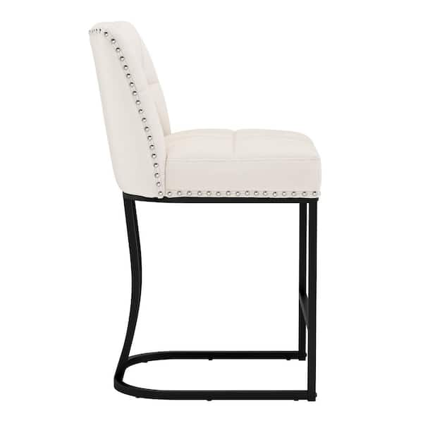 Beige Fabric Bar Stool Metal Frame Upholstered Seat Bar Chair with Backrest Rivet (Set of 3)