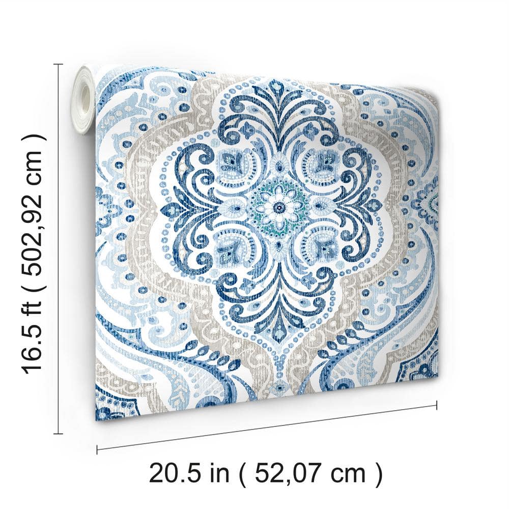 Blue and Tan Bohemian Damask Peel and Stick Wallpaper