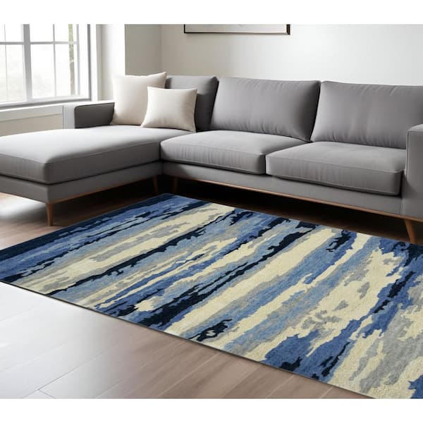 9 ft. x 13 ft. Navy Blue Ivory And Gray Wool Abstract Hand Tufted Area Rug
