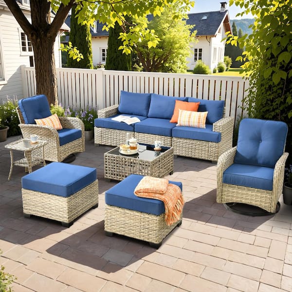 Toject Torino Gray 9-Piece Modern Wicker Patio Conversation Deep Seating Set with Swivel Rocking Chairs and Navy Blue Cushions