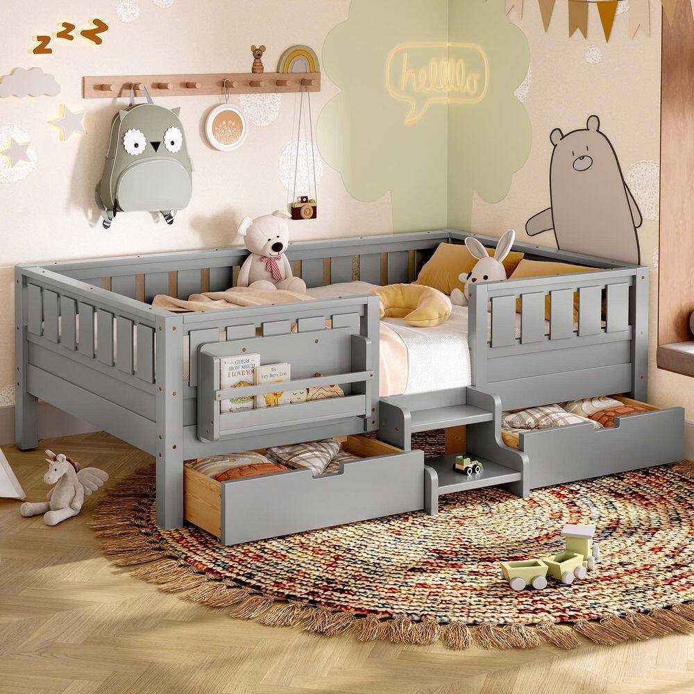 Gray Twin Size Kids Bed with Built-In Bookshelves and Storage Drawers