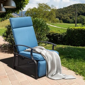 Metal Outdoor Recliner Chair with Blue Cushions and Side Table, Adjustable Backrest, 6.8 in. Removable Cushions