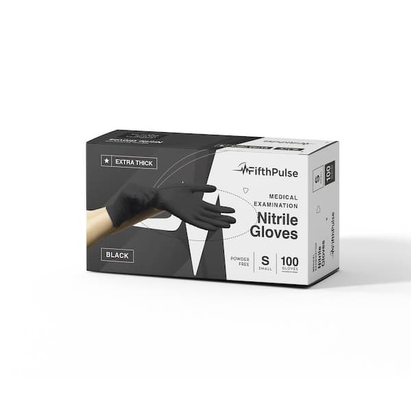 FifthPulse Small Nitrile Exam Latex Free and Powder Free THICKER Gloves - (4 mil) in Black - Box of 100