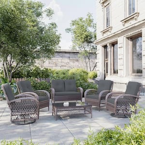 6-Piece Wicker Patio Conversation Set Outdoor Chair Set with Swivel Rocking Chair and Gray Cushions