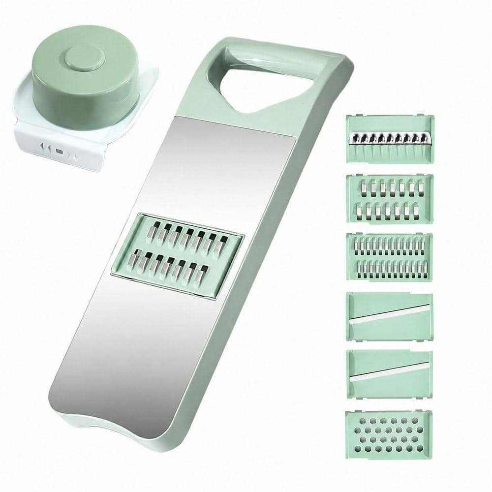 7 in 1 Green Manual Vegetable Chopper Mandoline Food Slicer with Handheld Container, 6 Blades and Storage Box