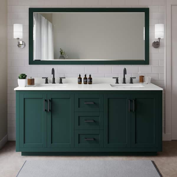 Wyndham Collection Miranda 72 in. W x 22 in. D x 33.75 in. H Double Bath Vanity in Green with White Quartz Top and 70 in. Mirror