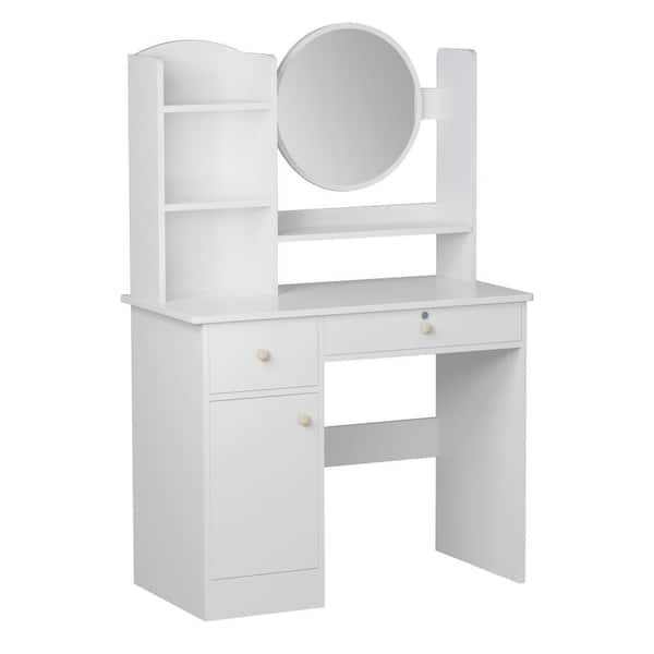 FUFU&GAGA White Wood Makeup Vanity Dressing Table with 3-Storage Shelves, Storage Cabinet and 2-Drawers Round Mirror