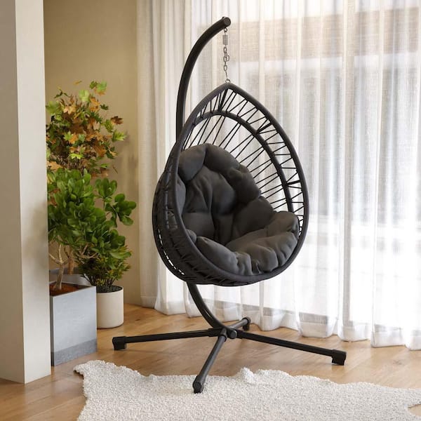 Metal Porch Swing, Hanging Egg Chair with Stand, Patio Wicker Hanging Swing Egg Chair Hammock Chair for Porch Garden